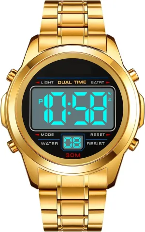 PASOY Men's Digital Gold Watch Unisex Backlit Multifunction Stopwatch Alarm Waterproof Sport Women Watches Braided Bracelet Stainless Steel Black dial Reloj