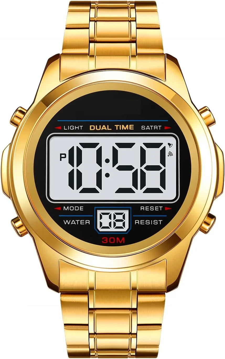 PASOY Men's Digital Gold Watch Unisex Backlit Multifunction Stopwatch Alarm Waterproof Sport Women Watches Braided Bracelet Stainless Steel Black dial Reloj