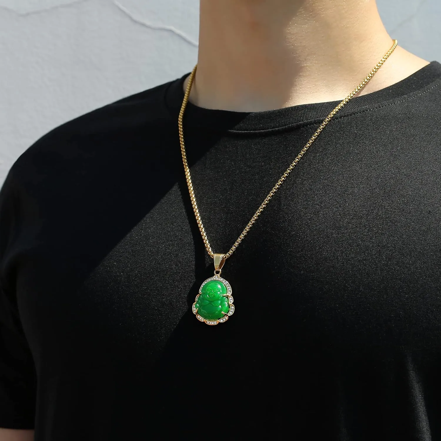 P.BLAKE Laughing Buddha Buddah Necklaces For Women Men, Ice Out Buddha Pendant For Men Women with Stainless Steel Gold Chain 24 inches