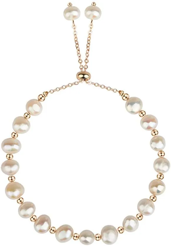 Pearl Bracelets for Women Freshwater Cultured Pearl Zircon Beads Gold Chain Slider Bracelet Bride Wedding Gifts