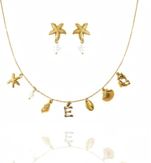 Pearl Gold Pendant Jewelry Bubble Letter Charm gold pendant Necklace Gold Initial Sea Shell Necklaces for Women Starfish Pearl Earrings for Women Trendy Beach Boho 18K Gold Plating Jewelry set A-Z Letter Gold Chain surf