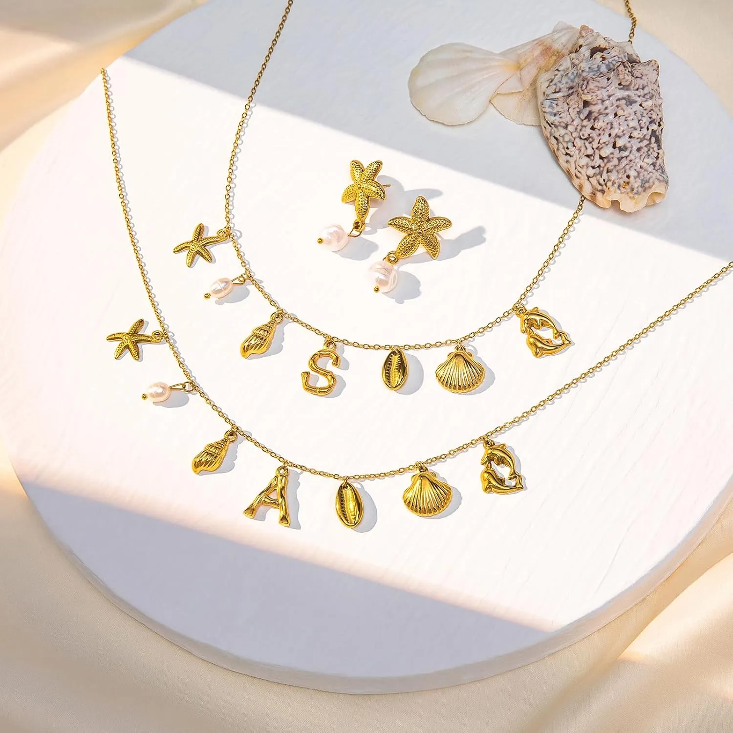 Pearl Gold Pendant Jewelry Bubble Letter Charm gold pendant Necklace Gold Initial Sea Shell Necklaces for Women Starfish Pearl Earrings for Women Trendy Beach Boho 18K Gold Plating Jewelry set A-Z Letter Gold Chain surf