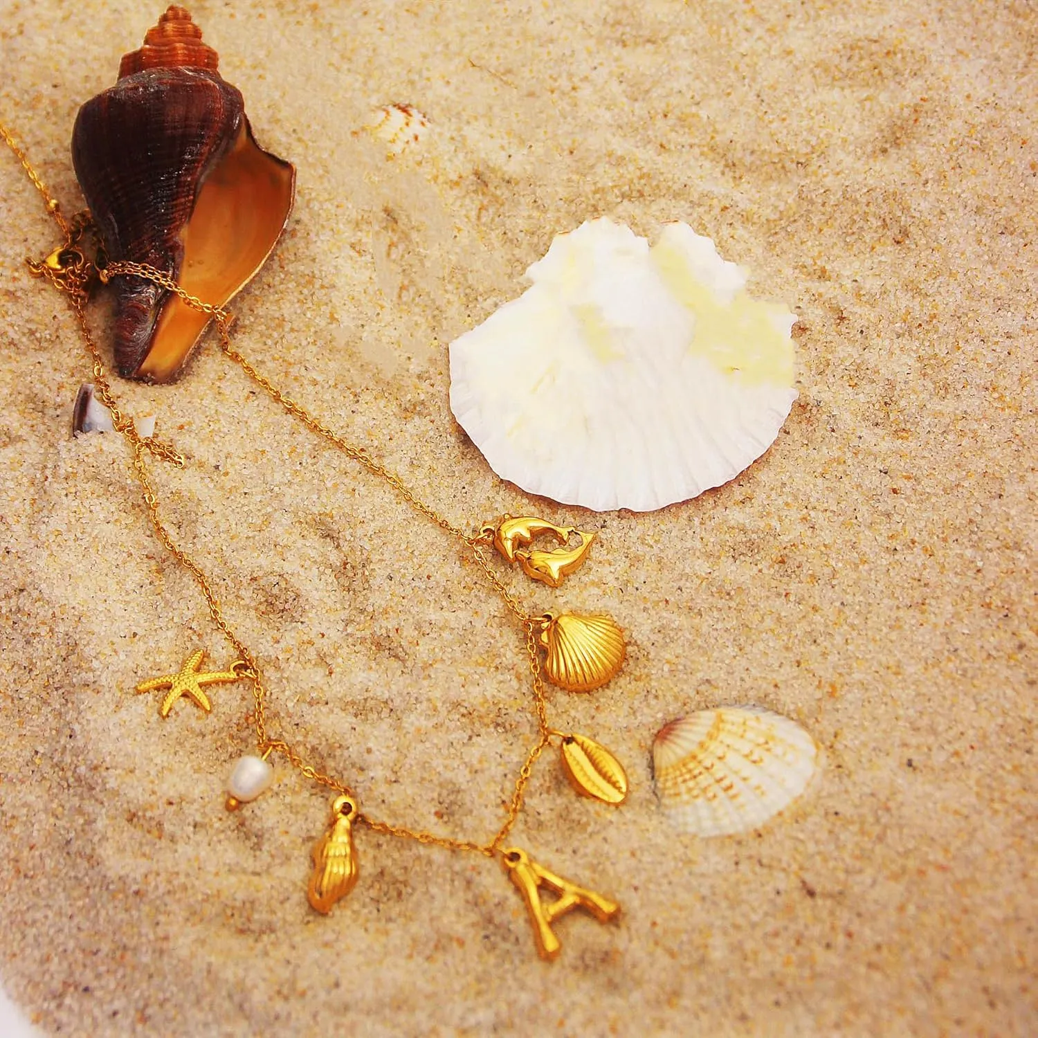 Pearl Gold Pendant Jewelry Bubble Letter Charm gold pendant Necklace Gold Initial Sea Shell Necklaces for Women Starfish Pearl Earrings for Women Trendy Beach Boho 18K Gold Plating Jewelry set A-Z Letter Gold Chain surf