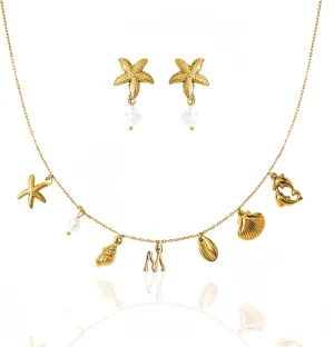 Pearl Gold Pendant Jewelry Bubble Letter Charm gold pendant Necklace Gold Initial Sea Shell Necklaces for Women Starfish Pearl Earrings for Women Trendy Beach Boho 18K Gold Plating Jewelry set A-Z Letter Gold Chain surf