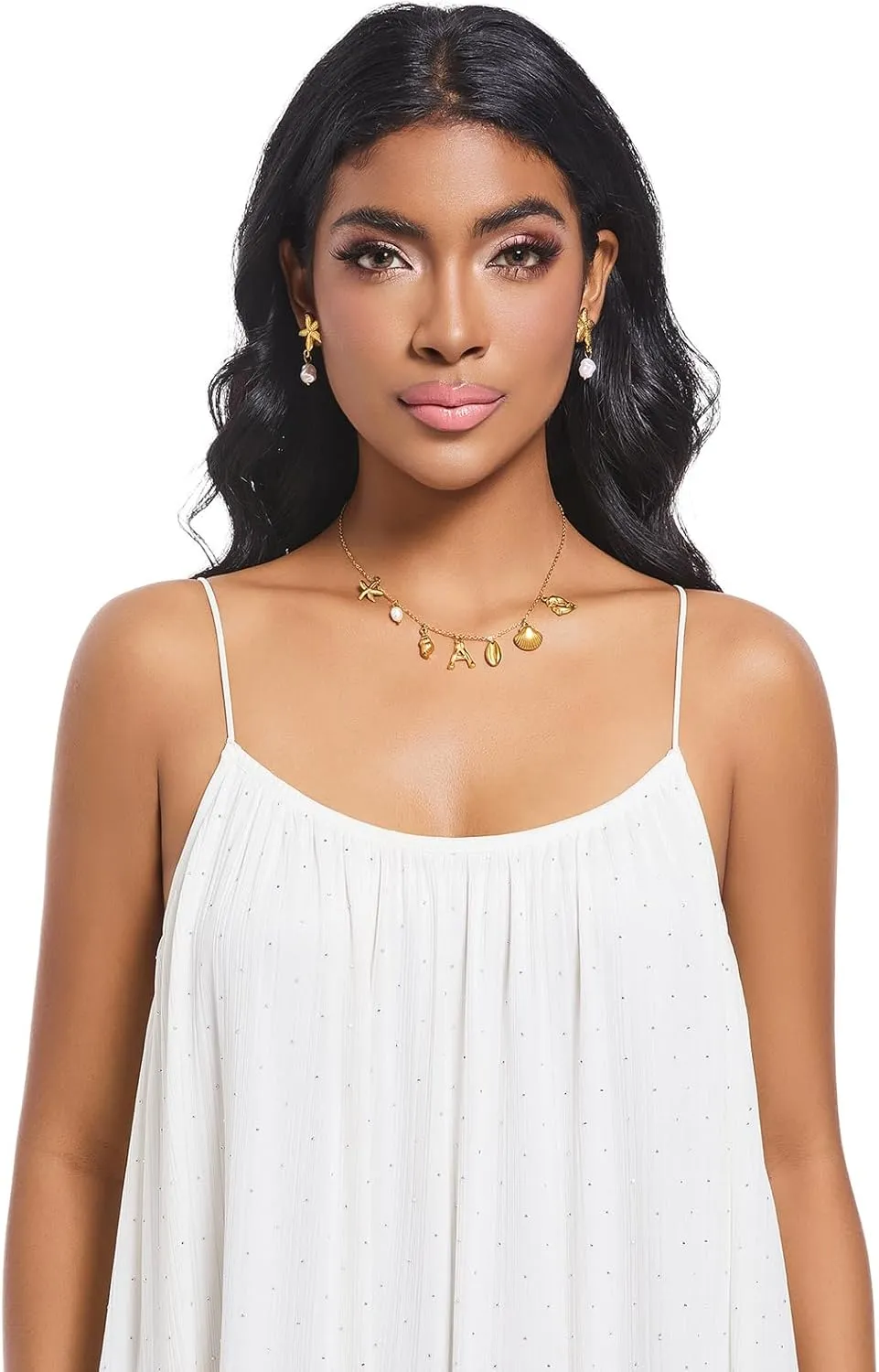 Pearl Gold Pendant Jewelry Bubble Letter Charm gold pendant Necklace Gold Initial Sea Shell Necklaces for Women Starfish Pearl Earrings for Women Trendy Beach Boho 18K Gold Plating Jewelry set A-Z Letter Gold Chain surf