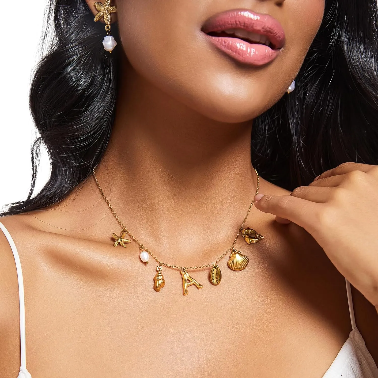 Pearl Gold Pendant Jewelry Bubble Letter Charm gold pendant Necklace Gold Initial Sea Shell Necklaces for Women Starfish Pearl Earrings for Women Trendy Beach Boho 18K Gold Plating Jewelry set A-Z Letter Gold Chain surf