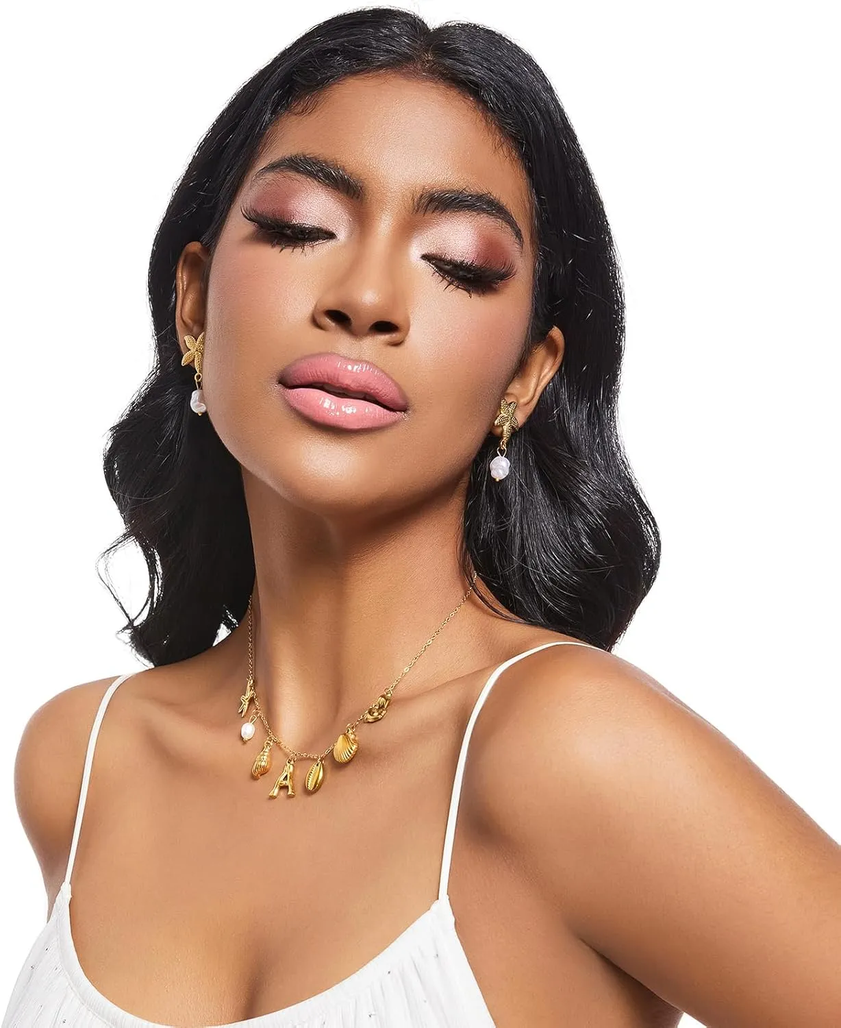 Pearl Gold Pendant Jewelry Bubble Letter Charm gold pendant Necklace Gold Initial Sea Shell Necklaces for Women Starfish Pearl Earrings for Women Trendy Beach Boho 18K Gold Plating Jewelry set A-Z Letter Gold Chain surf