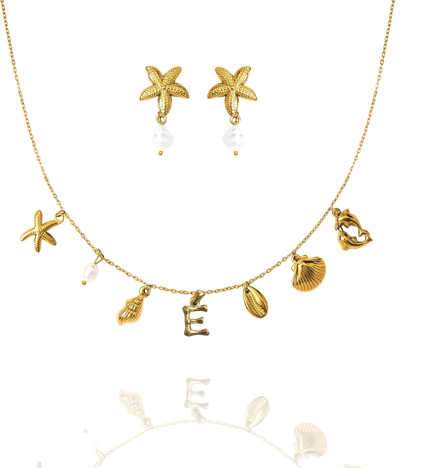 Pearl Gold Pendant Jewelry Bubble Letter Charm gold pendant Necklace Gold Initial Sea Shell Necklaces for Women Starfish Pearl Earrings for Women Trendy Beach Boho 18K Gold Plating Jewelry set A-Z Letter Gold Chain surf