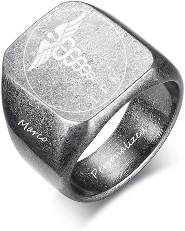 Personalized Medical LPN Rings for Men,Custom Name Date Engraved Medical Symbol RN LPN Rings Signet Band Custom Caduceus Nurse Ring Graduation Gifts for Nurse Doctor Medical Staff