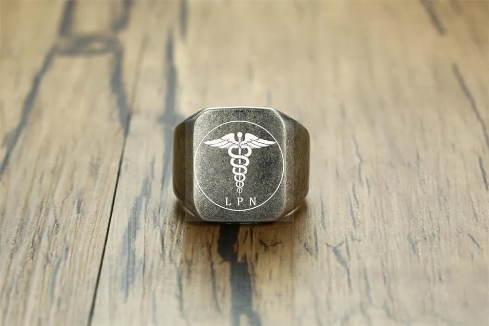 Personalized Medical LPN Rings for Men,Custom Name Date Engraved Medical Symbol RN LPN Rings Signet Band Custom Caduceus Nurse Ring Graduation Gifts for Nurse Doctor Medical Staff