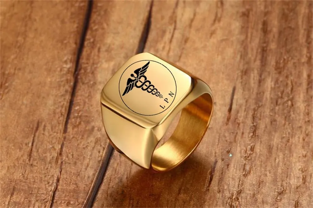 Personalized Medical LPN Rings for Men,Custom Name Date Engraved Medical Symbol RN LPN Rings Signet Band Custom Caduceus Nurse Ring Graduation Gifts for Nurse Doctor Medical Staff
