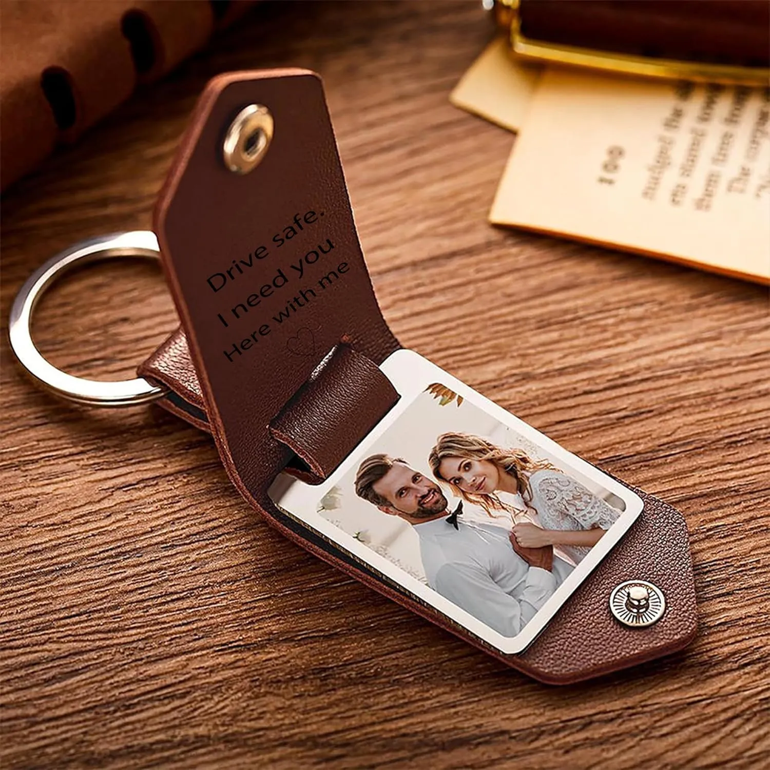 Personalized Photo/Text Leather Keychain for Men Womens Custom Picture Key Chains Memorial Gifts for Family Lover