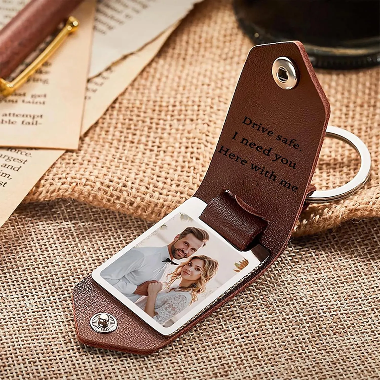 Personalized Photo/Text Leather Keychain for Men Womens Custom Picture Key Chains Memorial Gifts for Family Lover
