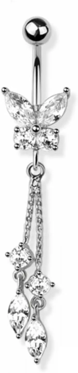 Pierced Owl 14GA 316L Stainless Steel CZ Crystal Butterfly with Double Dangling Marquise Chains Belly Button Ring