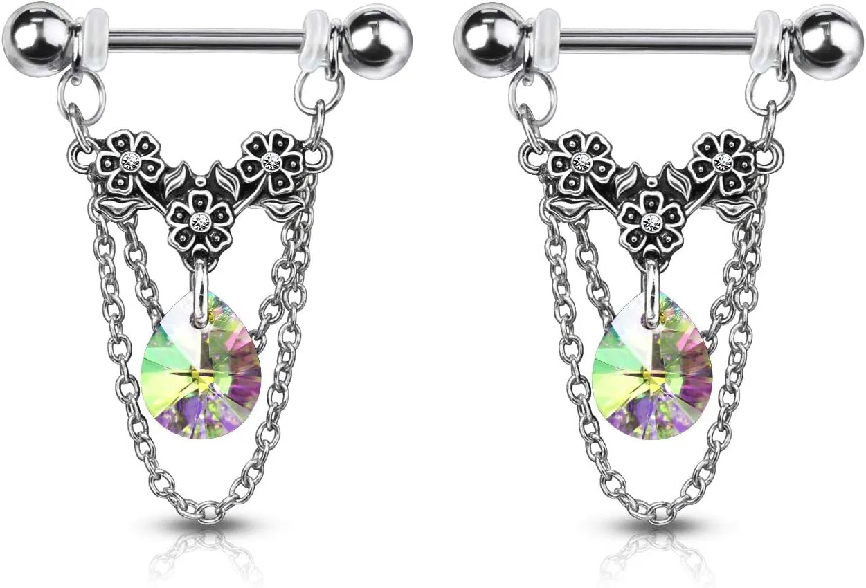 Pierced Owl - 14GA 316L Stainless Steel Triple Flower Dangling Crystal Chains Nipple Barbells, Sold as A Pair