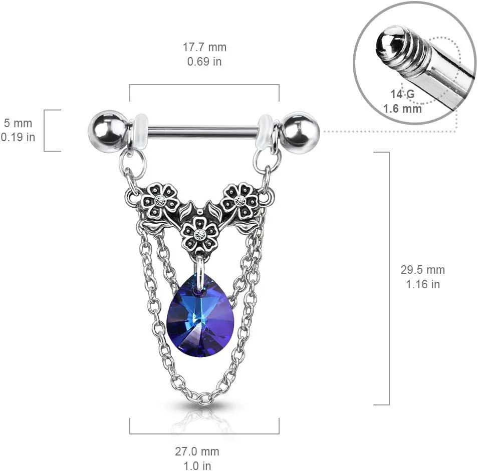 Pierced Owl - 14GA 316L Stainless Steel Triple Flower Dangling Crystal Chains Nipple Barbells, Sold as A Pair