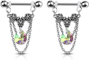 Pierced Owl - 14GA 316L Stainless Steel Triple Flower Dangling Crystal Chains Nipple Barbells, Sold as A Pair