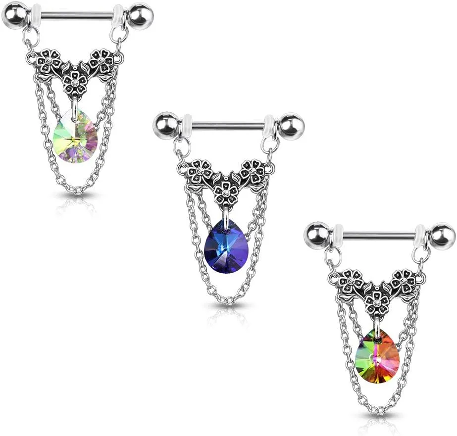 Pierced Owl - 14GA 316L Stainless Steel Triple Flower Dangling Crystal Chains Nipple Barbells, Sold as A Pair