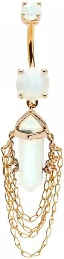 Pierced Owl 14GA 316L Stainless Steel White Opalite Crystal with 4 Tiered Dangling Chains Belly Button Ring