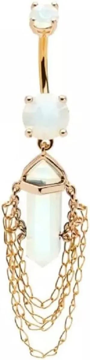 Pierced Owl 14GA 316L Stainless Steel White Opalite Crystal with 4 Tiered Dangling Chains Belly Button Ring