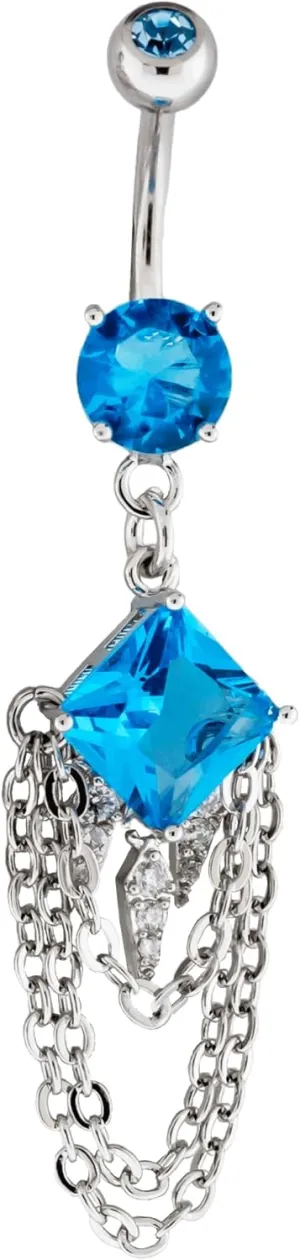Pierced Owl 14GA Diamond Shaped Gem with Dangling Spikes and Chains Belly Button Ring