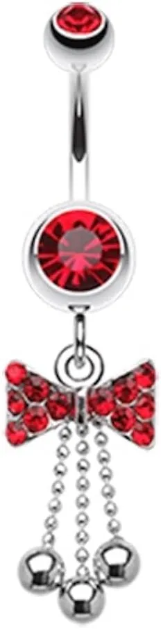 Pierced Owl 14GA Stainless Steel CZ Crystal Bow with Dangling Chains Belly Button Ring