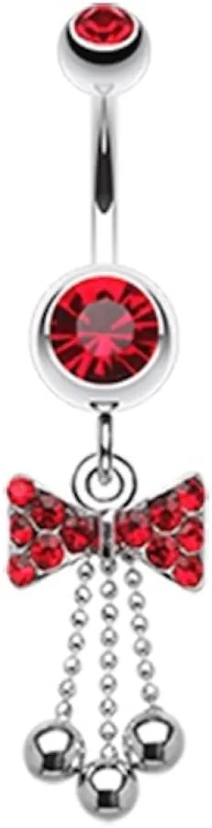 Pierced Owl 14GA Stainless Steel CZ Crystal Bow with Dangling Chains Belly Button Ring