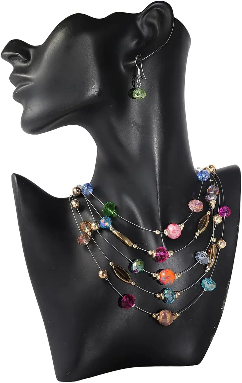 Pingyongchang Bohemian 3- Layer Illusion Thread Long Necklace Earrings set with Ladies Crystal beads