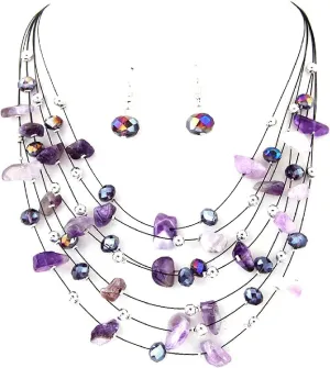 Pingyongchang Bohemian 3- Layer Illusion Thread Long Necklace Earrings set with Ladies Crystal beads