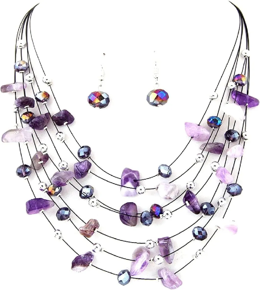 Pingyongchang Bohemian 3- Layer Illusion Thread Long Necklace Earrings set with Ladies Crystal beads