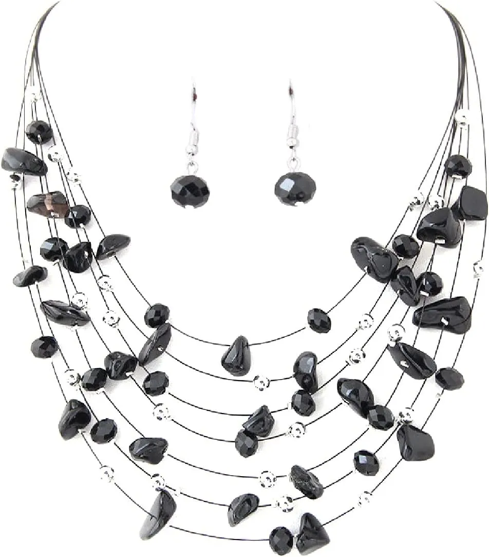 Pingyongchang Bohemian 3- Layer Illusion Thread Long Necklace Earrings set with Ladies Crystal beads