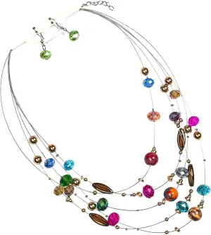 Pingyongchang Bohemian 3- Layer Illusion Thread Long Necklace Earrings set with Ladies Crystal beads