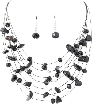 Pingyongchang Bohemian 3- Layer Illusion Thread Long Necklace Earrings set with Ladies Crystal beads