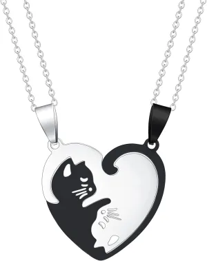 Plikin 2pcs Cat Matching Necklace Pendant Girl Stainless Steel Heart Cat Friendship Necklace BFF