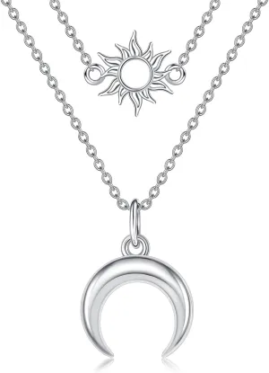 POPLYKE Moon Sun Necklace 925 Sterling Silver Moon Necklace Sun Necklace Double Chains Layered Necklaces for Women 14" 16" 2" Chain