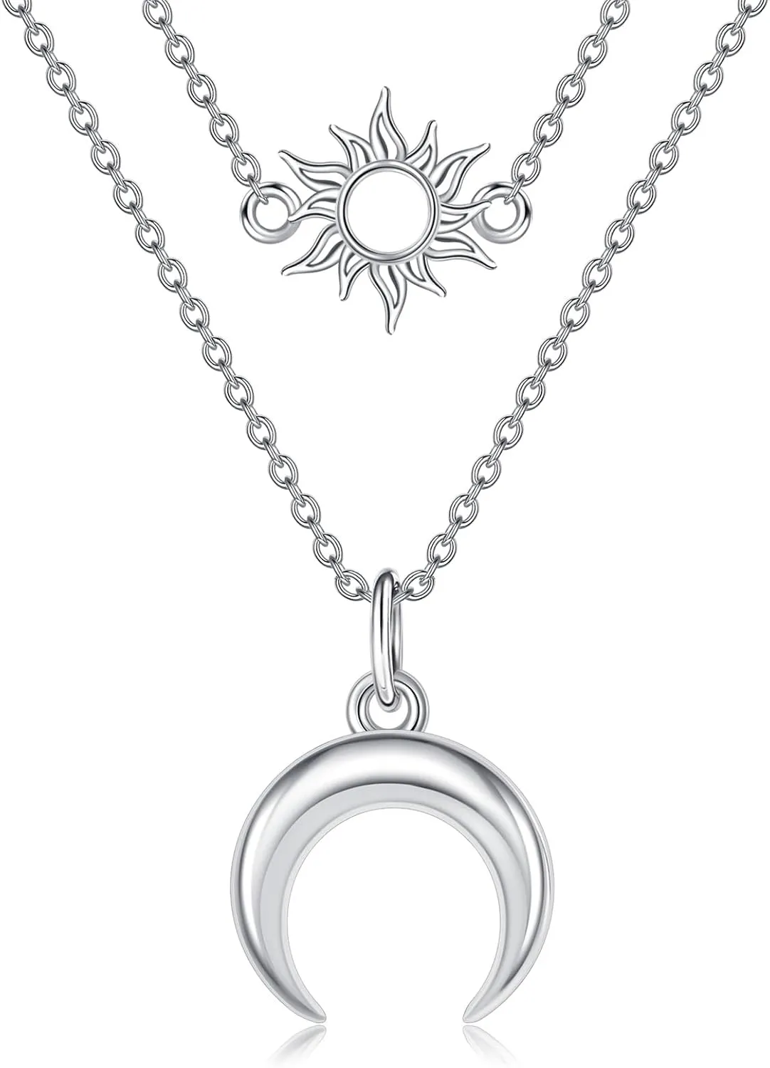 POPLYKE Moon Sun Necklace 925 Sterling Silver Moon Necklace Sun Necklace Double Chains Layered Necklaces for Women 14" 16" 2" Chain