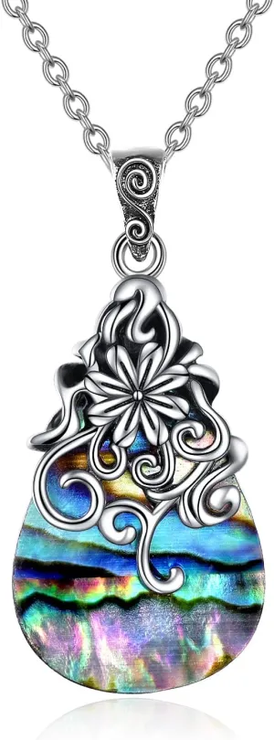 POPLYKE Sterling Silver Moonstone/Abalone Shell/Turquoise Filigree Teardrop Necklace Jewelry for Women