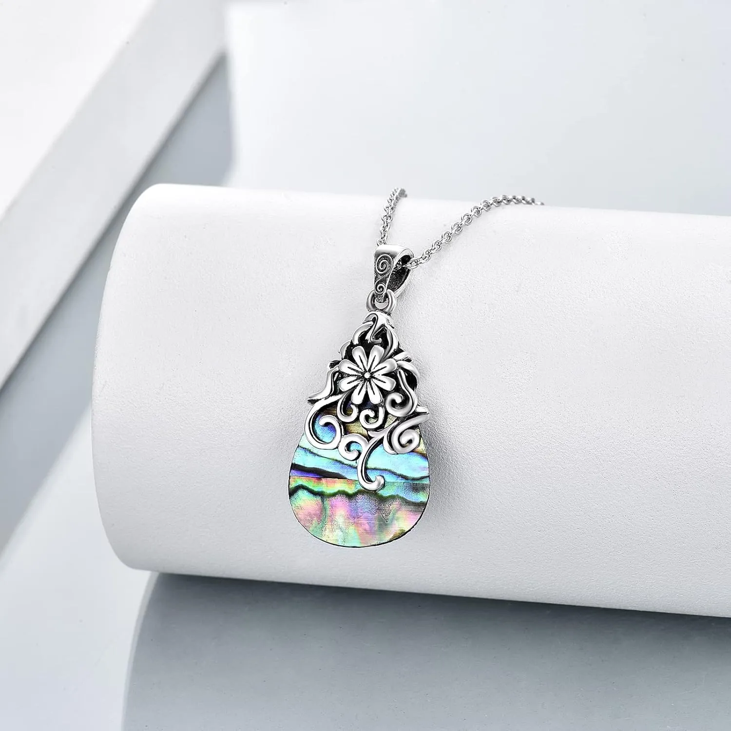 POPLYKE Sterling Silver Moonstone/Abalone Shell/Turquoise Filigree Teardrop Necklace Jewelry for Women