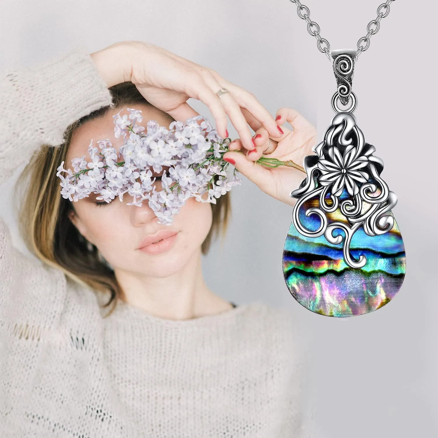 POPLYKE Sterling Silver Moonstone/Abalone Shell/Turquoise Filigree Teardrop Necklace Jewelry for Women