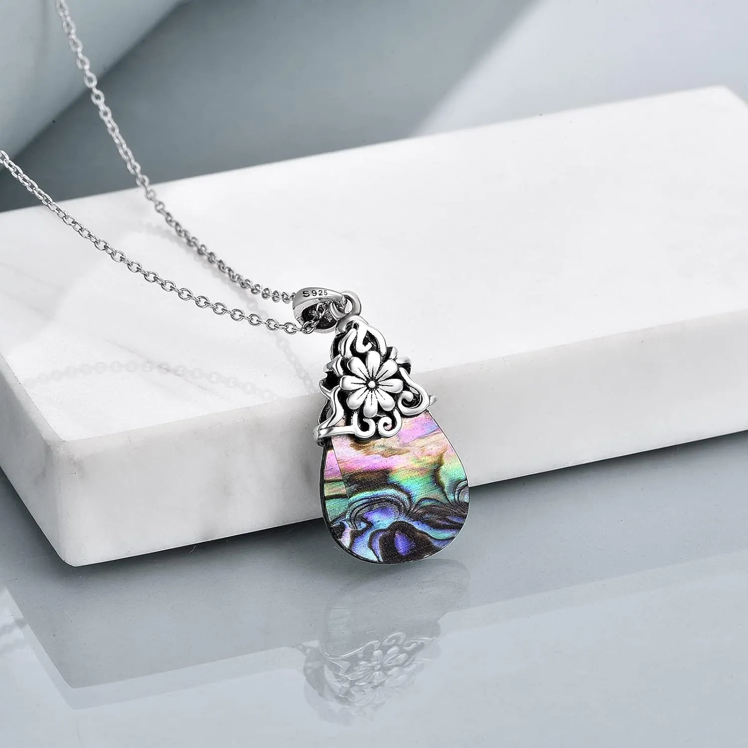 POPLYKE Sterling Silver Moonstone/Abalone Shell/Turquoise Filigree Teardrop Necklace Jewelry for Women