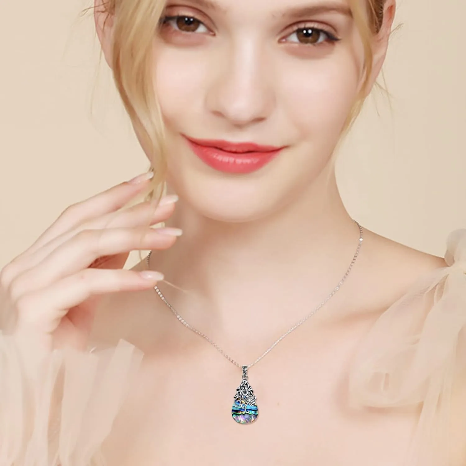 POPLYKE Sterling Silver Moonstone/Abalone Shell/Turquoise Filigree Teardrop Necklace Jewelry for Women