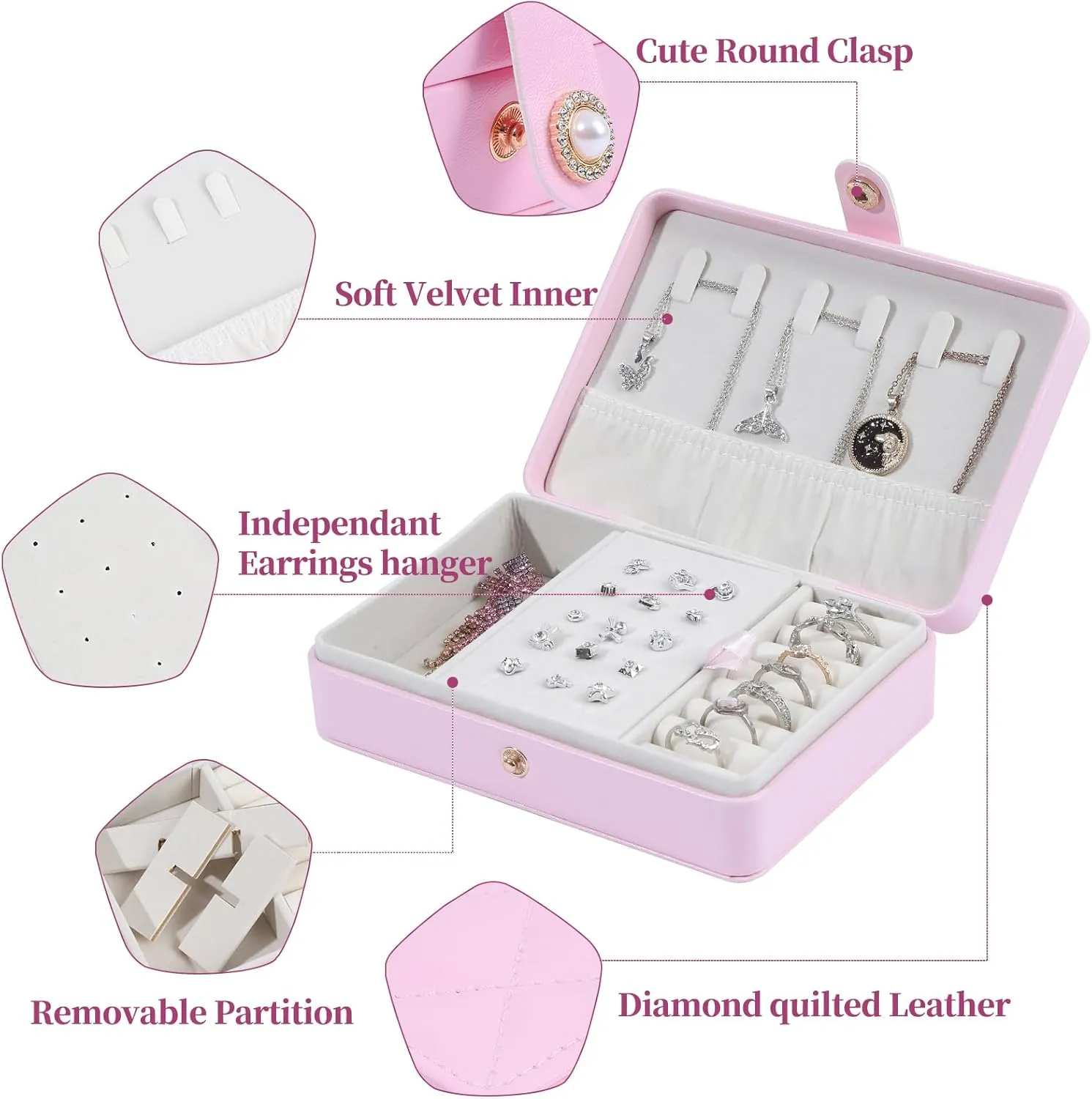 Portable Jewelry Box, 2 Layer Small Travel Jewelry Box for Women and Girls, Mini Leather Jewelry Organizer for Necklaces, Bracelet, Earrings and Rings Gift for Her (pink)