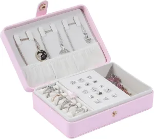 Portable Jewelry Box, 2 Layer Small Travel Jewelry Box for Women and Girls, Mini Leather Jewelry Organizer for Necklaces, Bracelet, Earrings and Rings Gift for Her (pink)