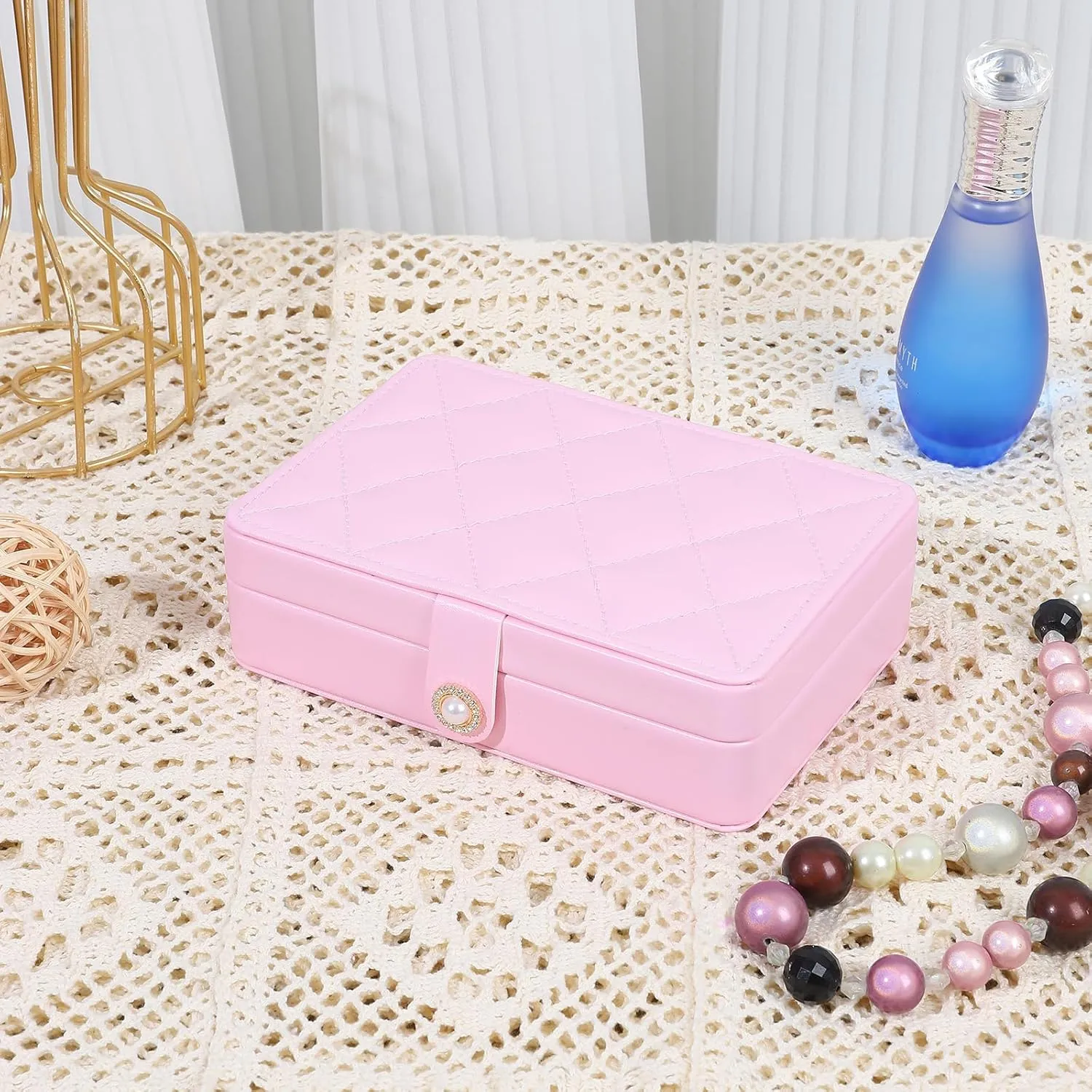 Portable Jewelry Box, 2 Layer Small Travel Jewelry Box for Women and Girls, Mini Leather Jewelry Organizer for Necklaces, Bracelet, Earrings and Rings Gift for Her (pink)