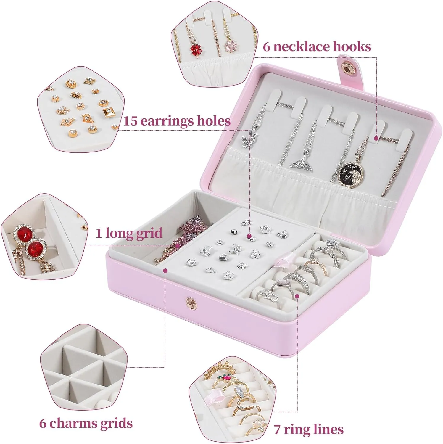 Portable Jewelry Box, 2 Layer Small Travel Jewelry Box for Women and Girls, Mini Leather Jewelry Organizer for Necklaces, Bracelet, Earrings and Rings Gift for Her (pink)