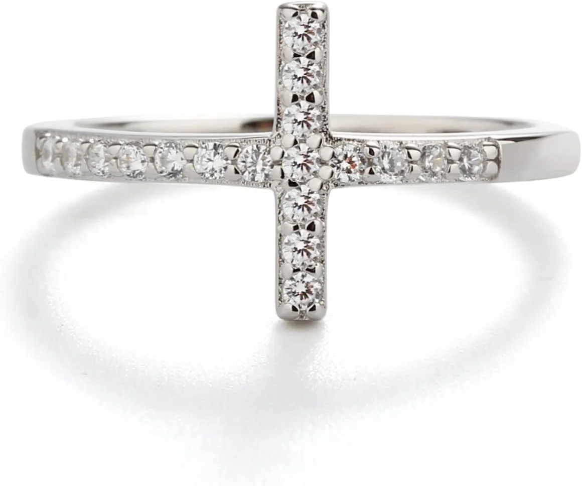 Precious Pieces Sterling Silver Cross Ring with CZs for Confirmation, Graduation, or Religious Gift for Teens or Women