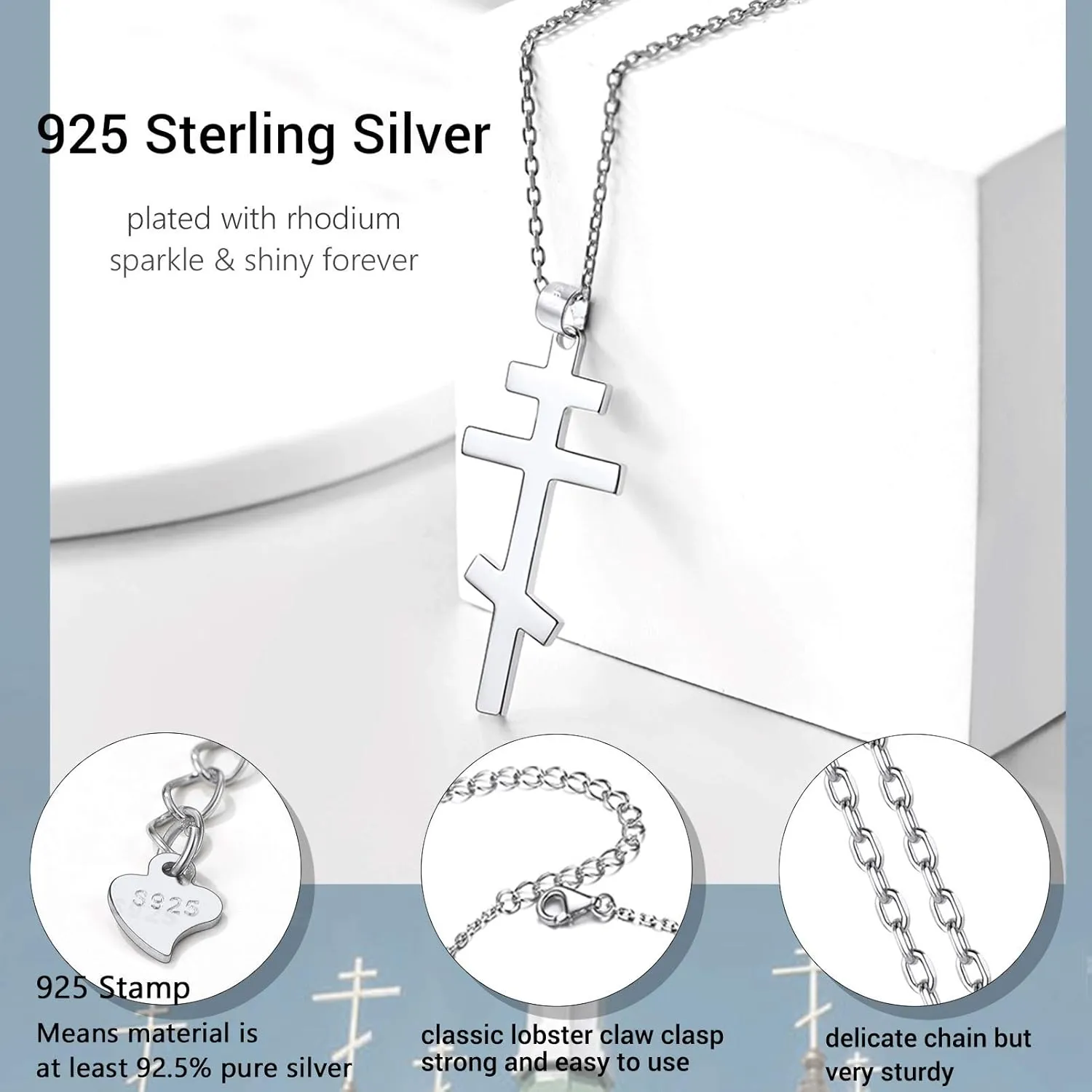 PROSTEEL 925 Sterling Silver Russian Orthodox Cross Necklace For Men Women, 18inch-20inch Adjustable, Come with Box
