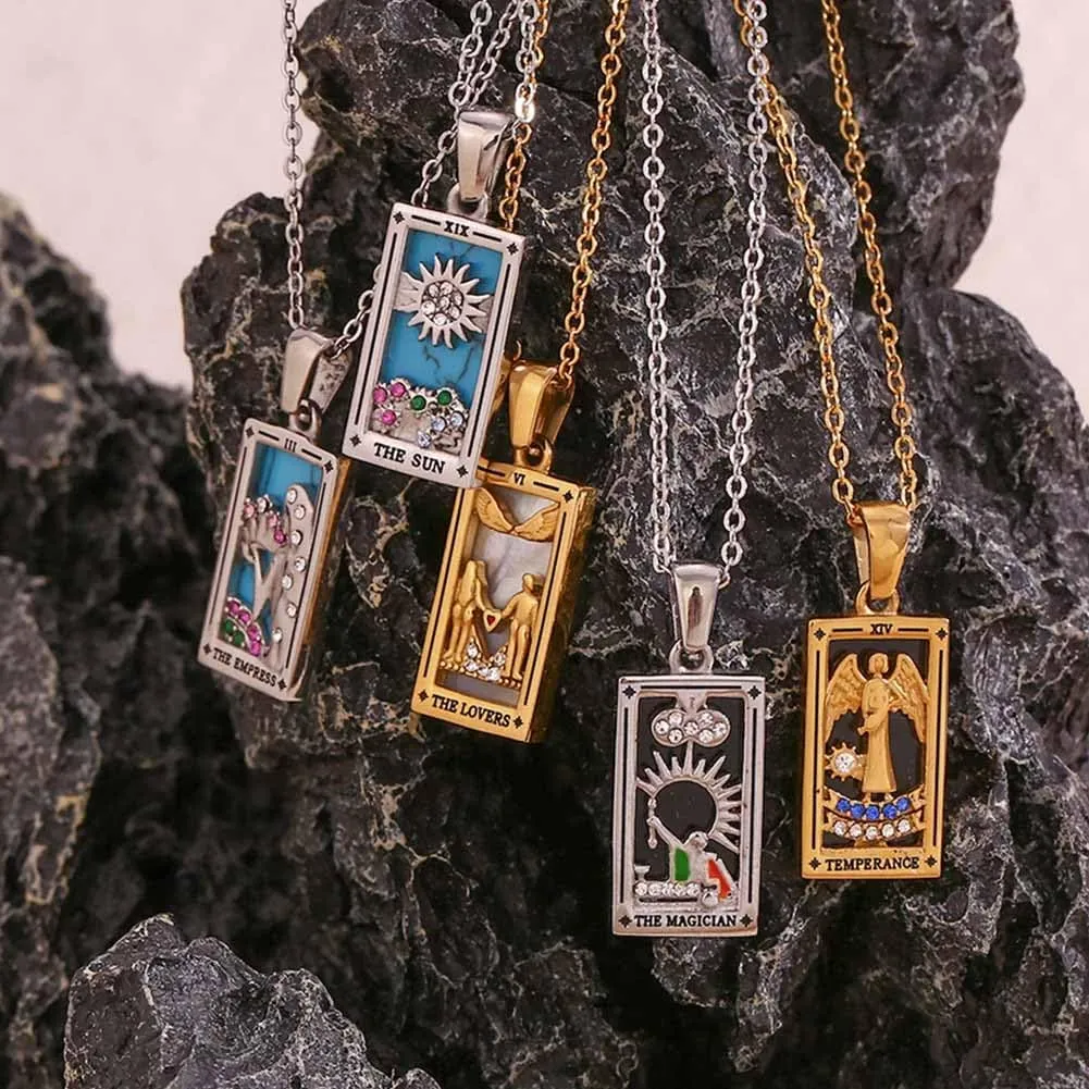 Psivika Gold Plated Tarot Card Necklace Vintage Necklace Good Luck Amulet Tarot Pendant Necklace for Women Men