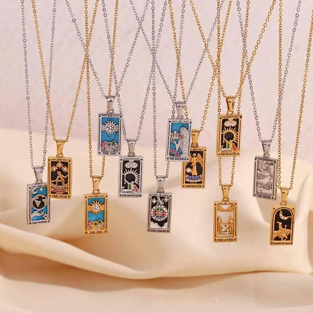 Psivika Gold Plated Tarot Card Necklace Vintage Necklace Good Luck Amulet Tarot Pendant Necklace for Women Men