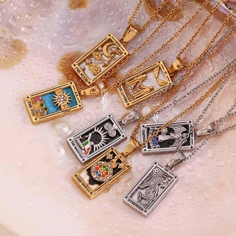 Psivika Gold Plated Tarot Card Necklace Vintage Necklace Good Luck Amulet Tarot Pendant Necklace for Women Men